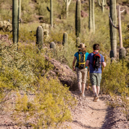 Two individuals hiking through the desert