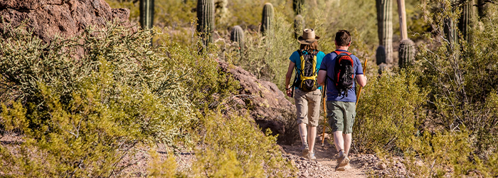 Two individuals hiking through the desert